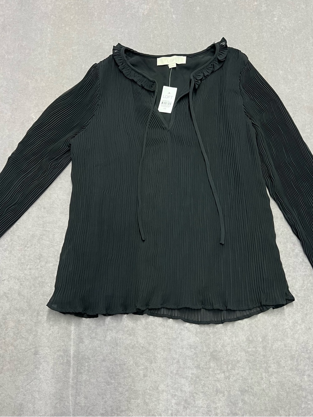 LOFT Black Pleated Ruffle Tie-Neck Long Sleeve Blouse